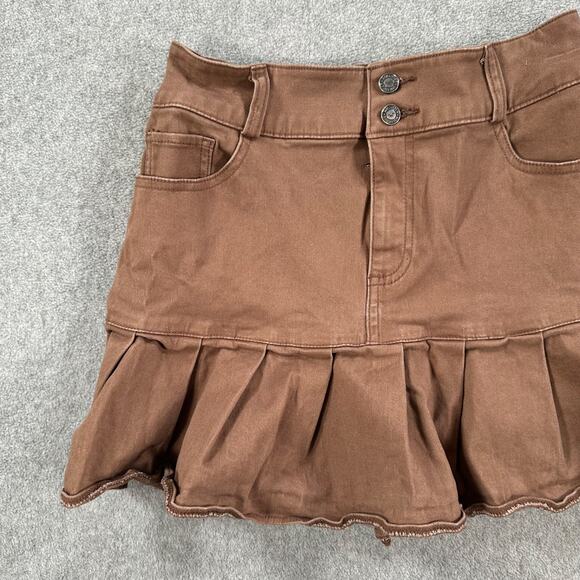 Hollister High Rise Mini Skirt Size X-Small Brown Denim Pleated Hem Y2k - Picture 3 of 9